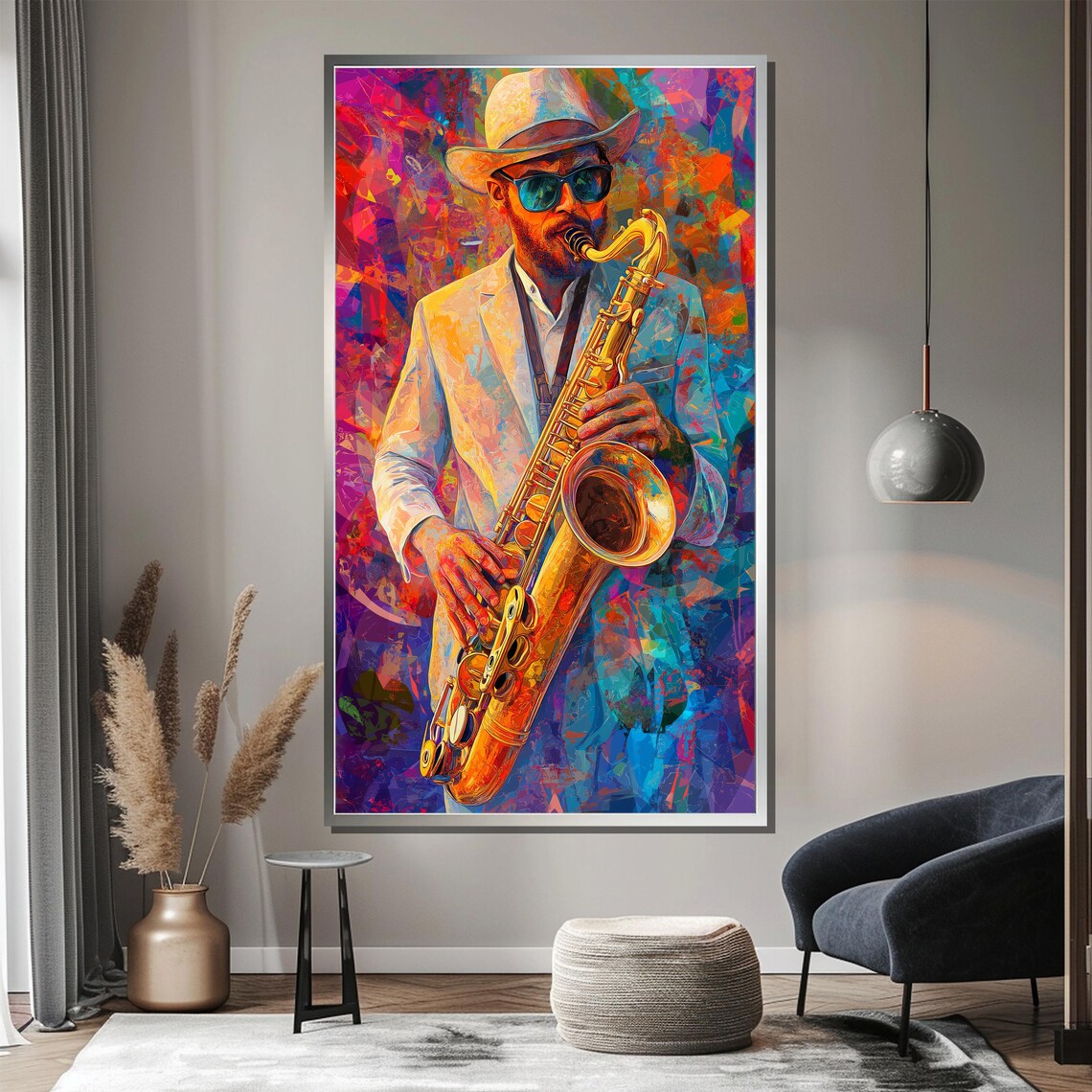 Colorful Jazz Saxophonist in White Hat and Sunglasses Poster - Image 3