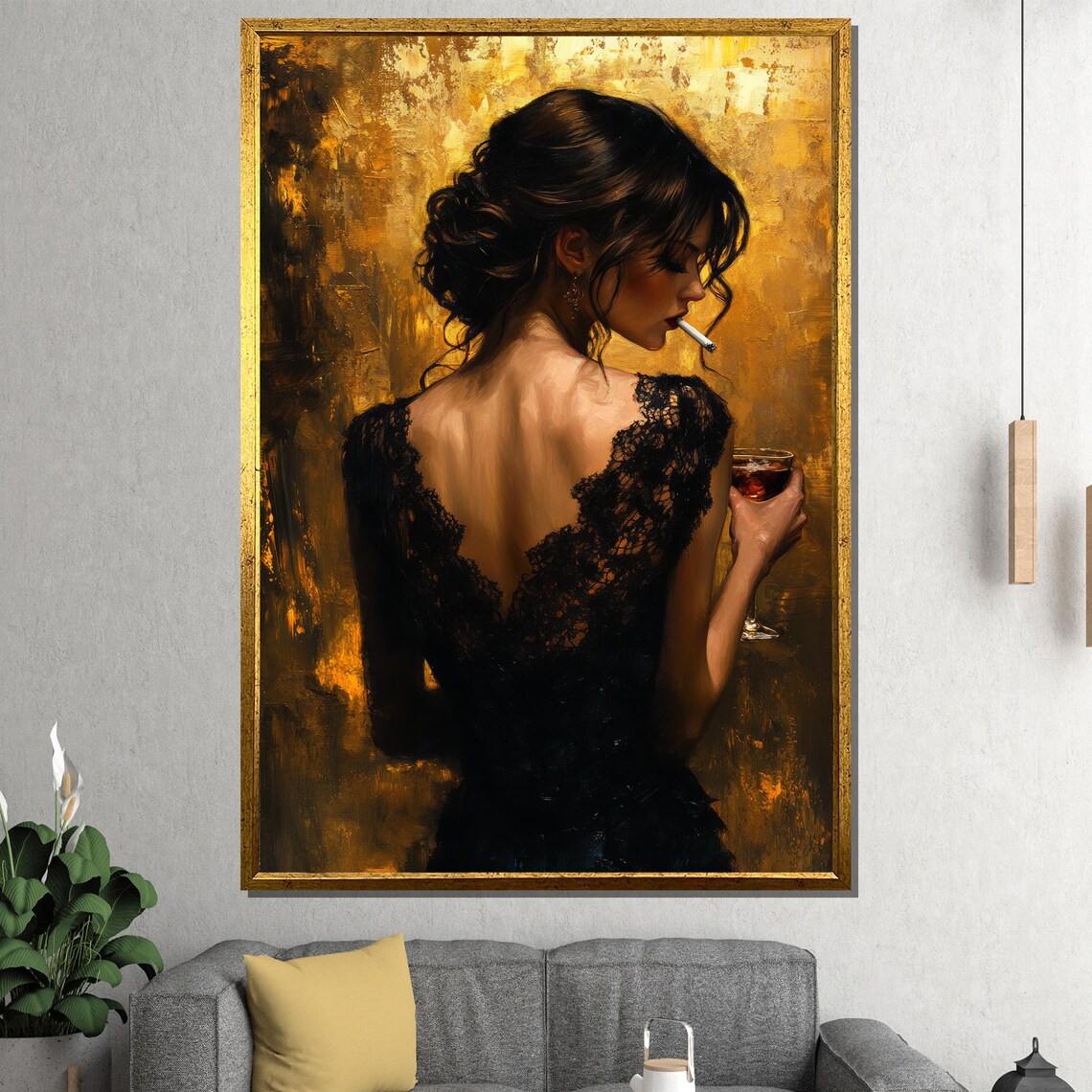 Elegant Woman In Black Lace Dress Holding Wine Golden Night Poster