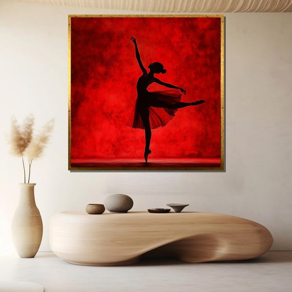 Red Silhouette Ballet Dancer Painting Striking Wall Art Gift For Dance Enthusiasts And Modern Home Decor
