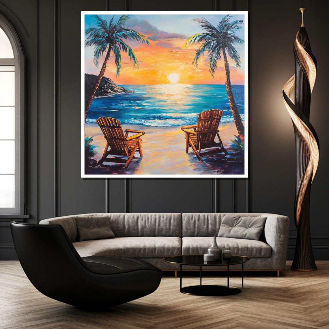 Beach Sunset With Adirondack Chairs Palms Ocean Romance Poster - Image 2