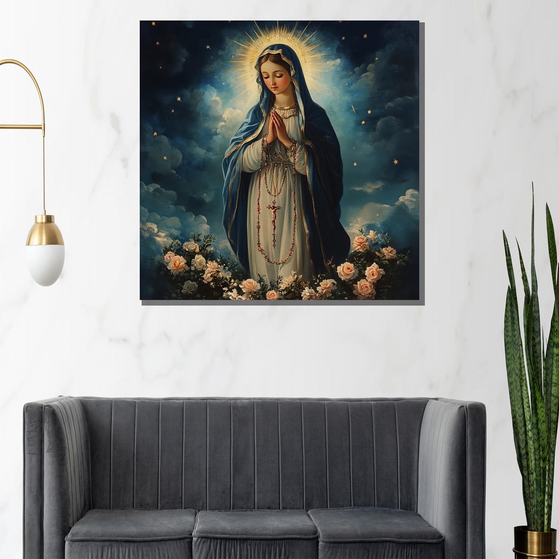 Praying Virgin Mary Rosary Starry Night Roses Religious Poster - Image 3