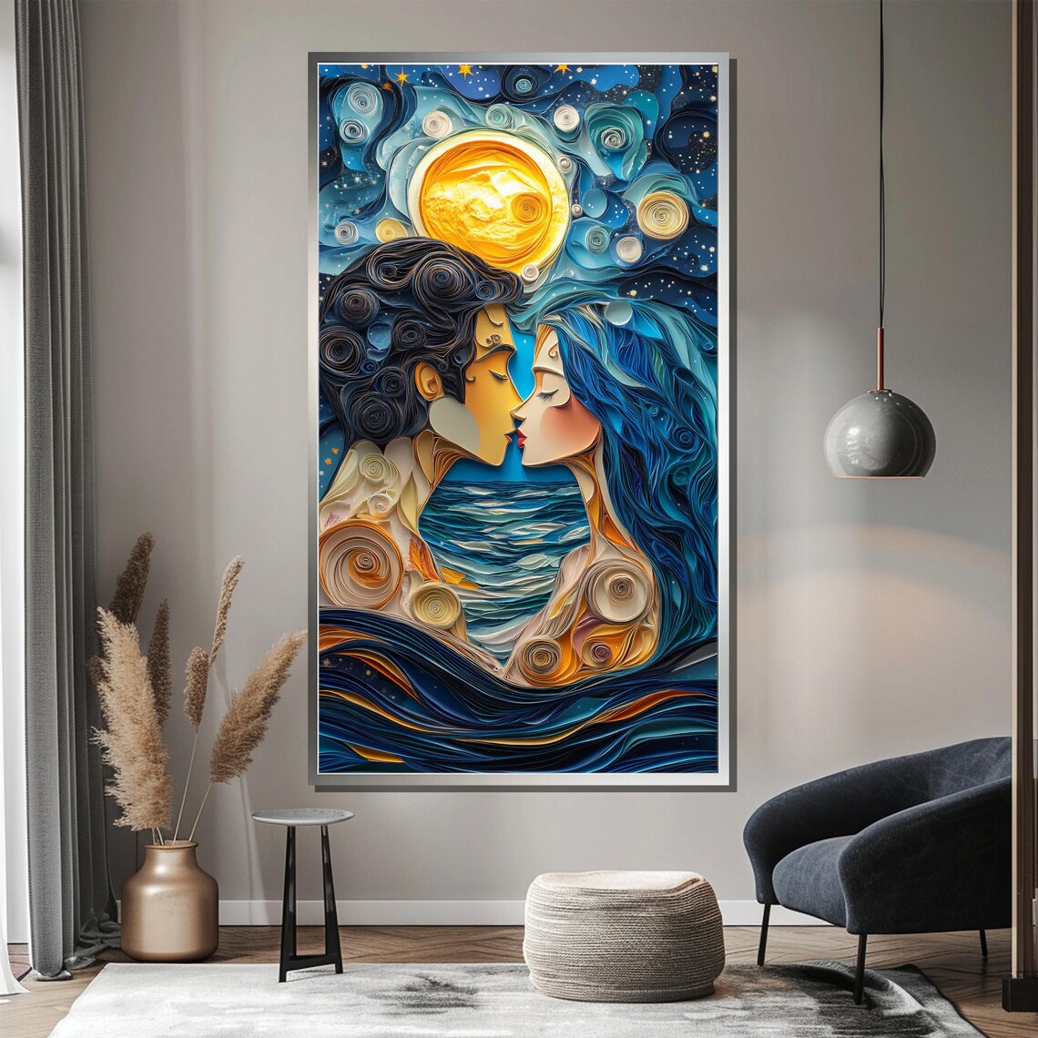 Starry Night Ocean Kiss Swirling Paper Quilling Style Art Poster - Image 4