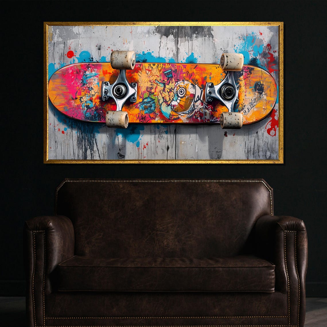 Graffiti Painted Skateboard Floating Against A Concrete Wall Poster