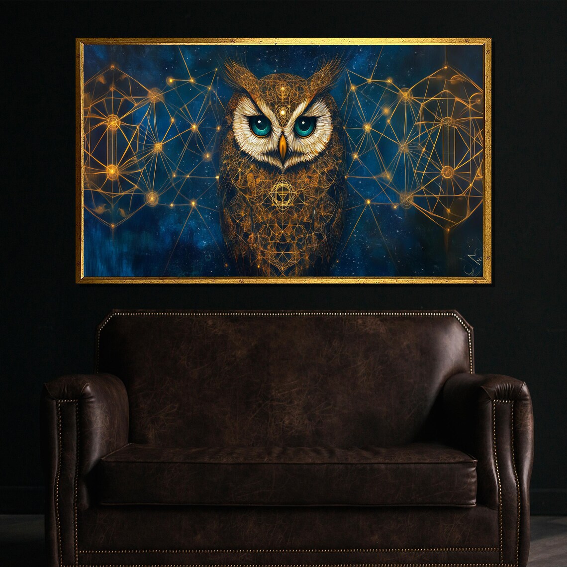 Sacred Geometry Owl With Golden Constellations Mystical Poster