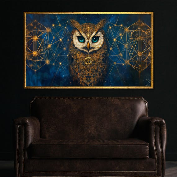 Geometric Owl Painting Mystical Wall Art Gift For Nature Lovers Spiritual Decor And Contemporary Zen Spaces