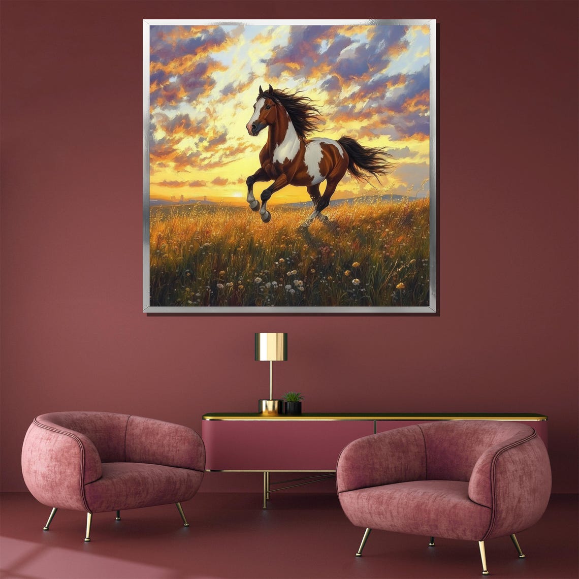 Pinto Horse Galloping Through a Flowered Sunset Field Poster - Image 3