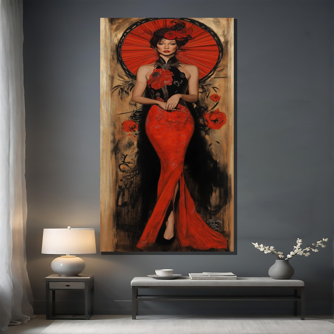 Red Elegance Geisha Inspired Striking Fashion Gown Painting Poster - Image 2