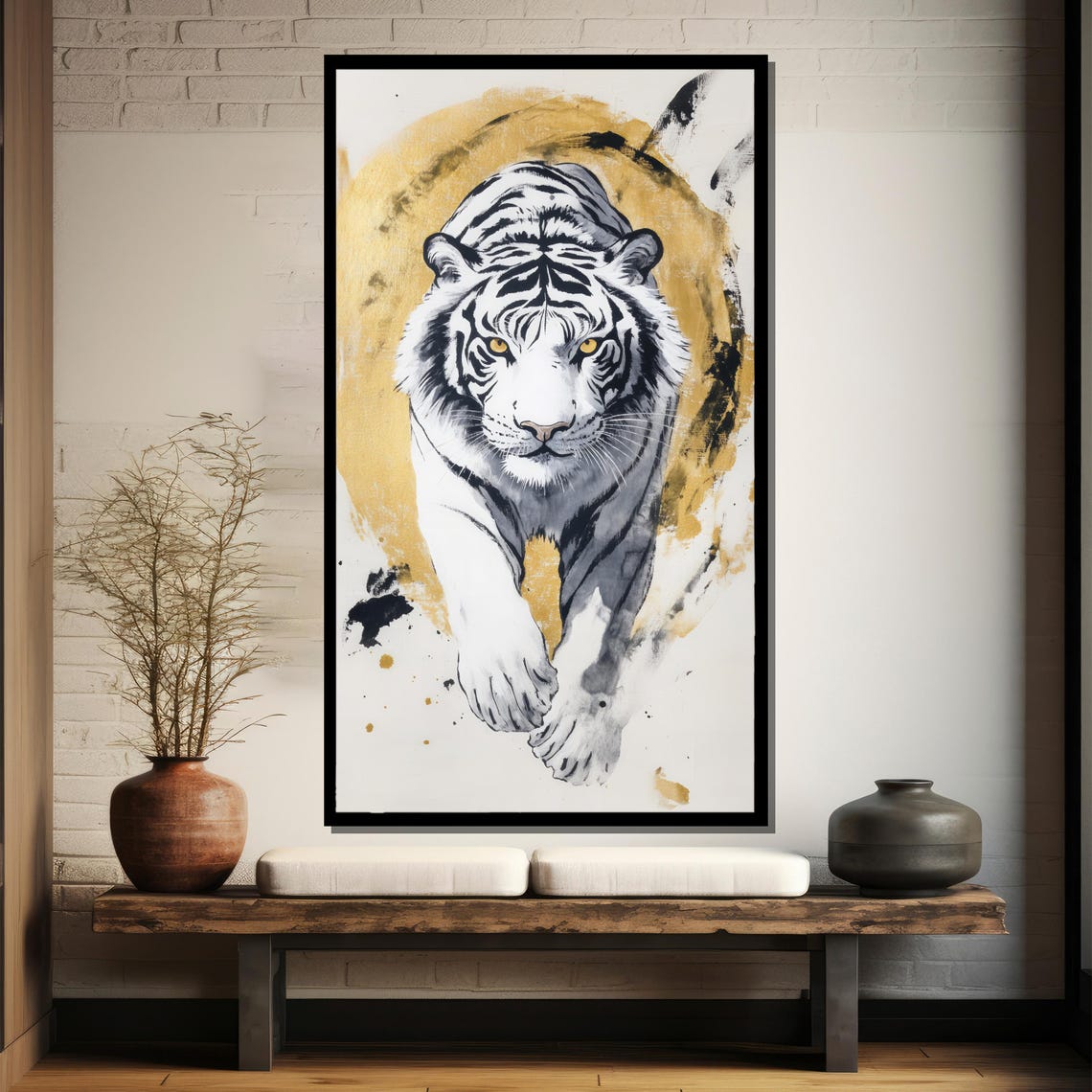 White Tiger Leaping Forward Gold Ink Wash Circle Bold Poster - Image 4