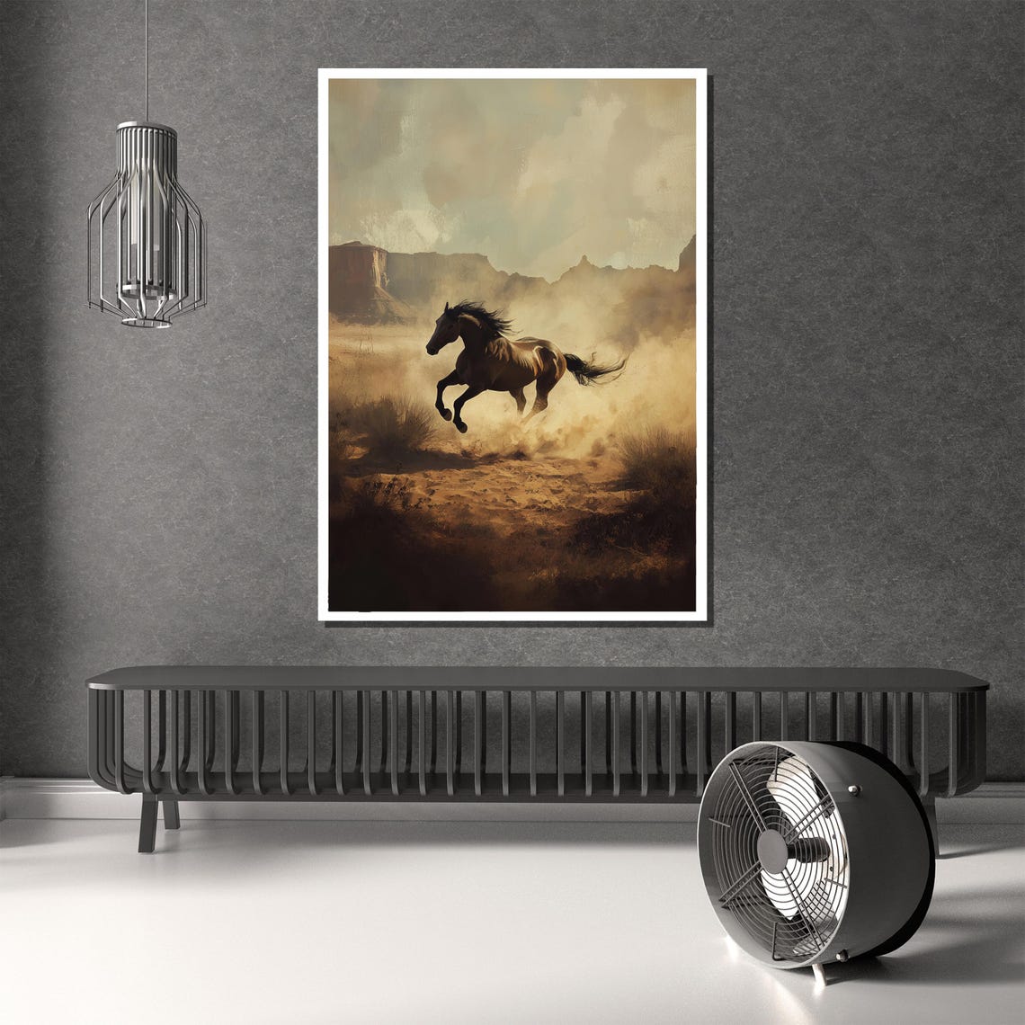 Black Horse Galloping Through Desert Dust Western Mesa Art Poster - Image 2
