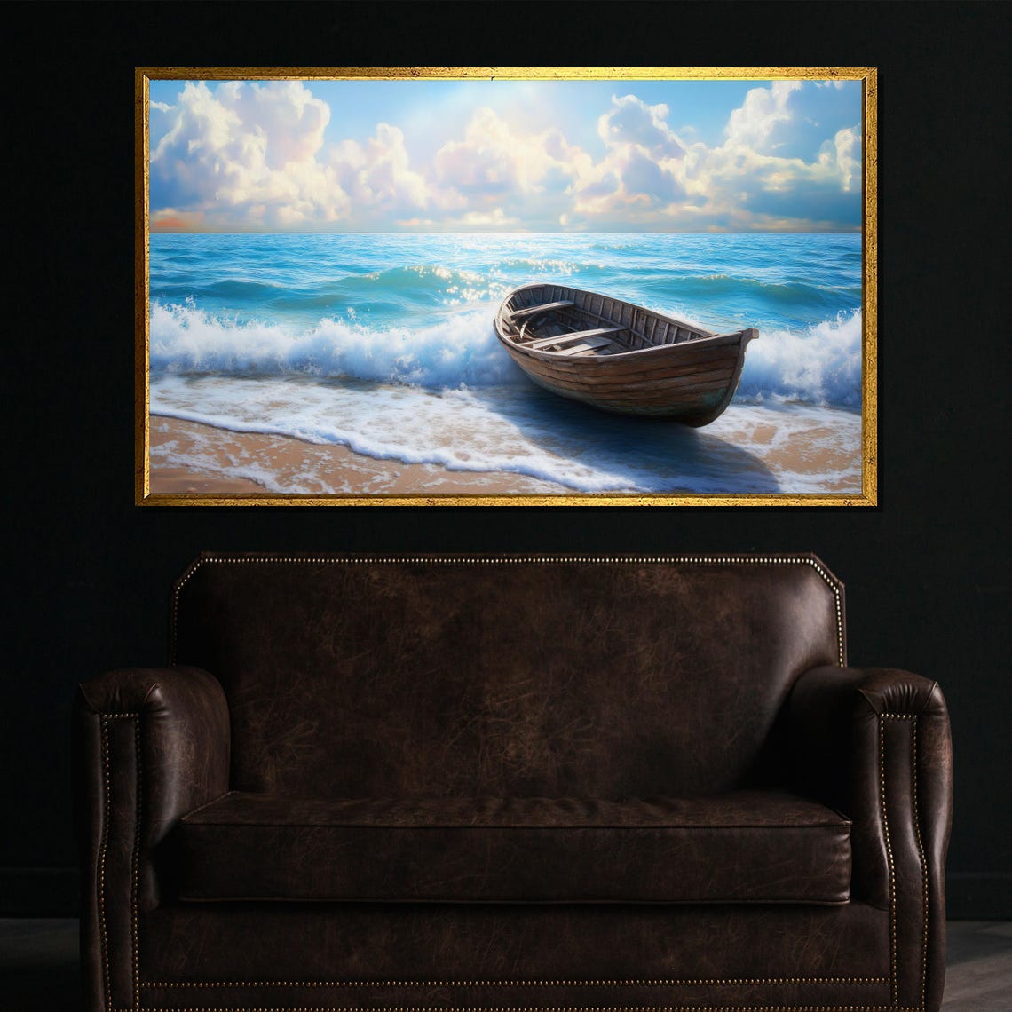 Wooden Boat on Shore Turquoise Ocean Waves Scene Coastal Poster