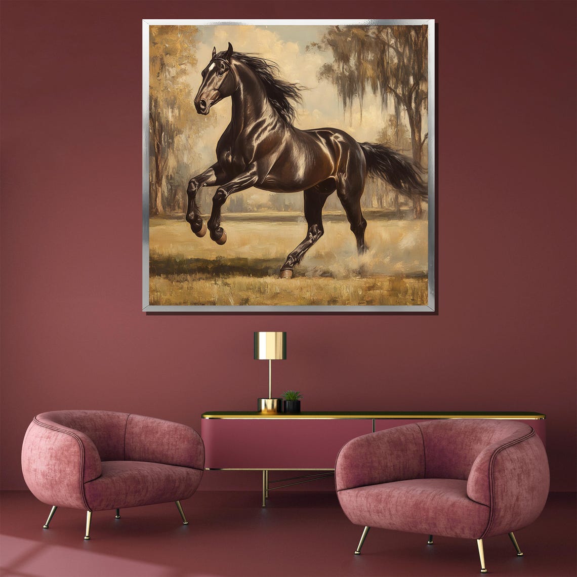 Black Horse Galloping Freely in a Golden Sunlit Field Poster - Image 3
