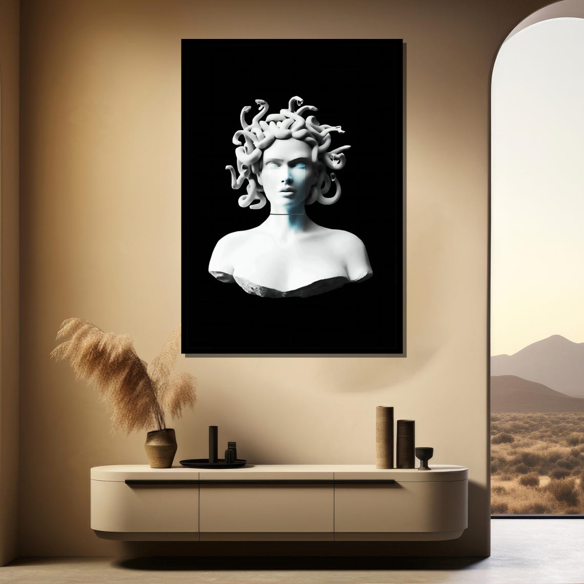 White Marble Medusa Bust With Blue Digital Glitch Modern Poster - Image 4