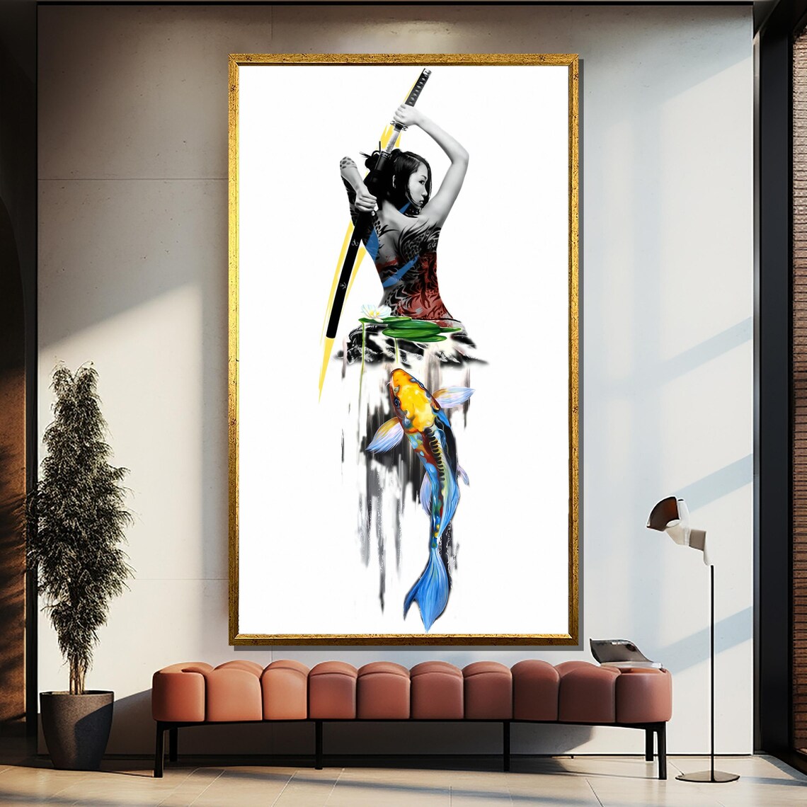Swordswoman Gripping A Katana Above A Golden Koi Fish Poster