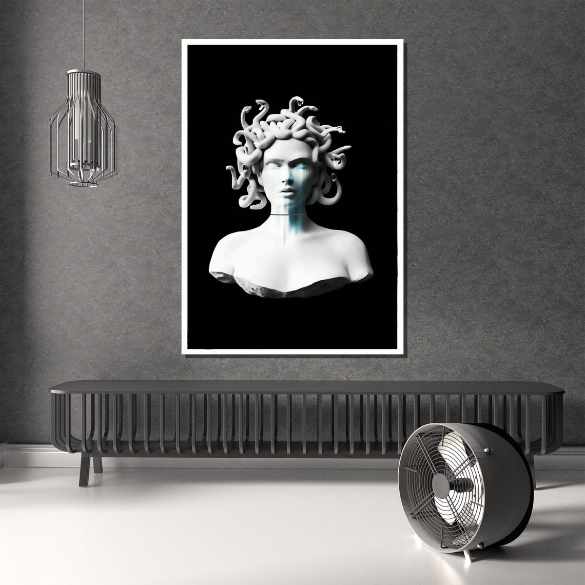 White Marble Medusa Bust With Blue Digital Glitch Modern Poster - Image 2