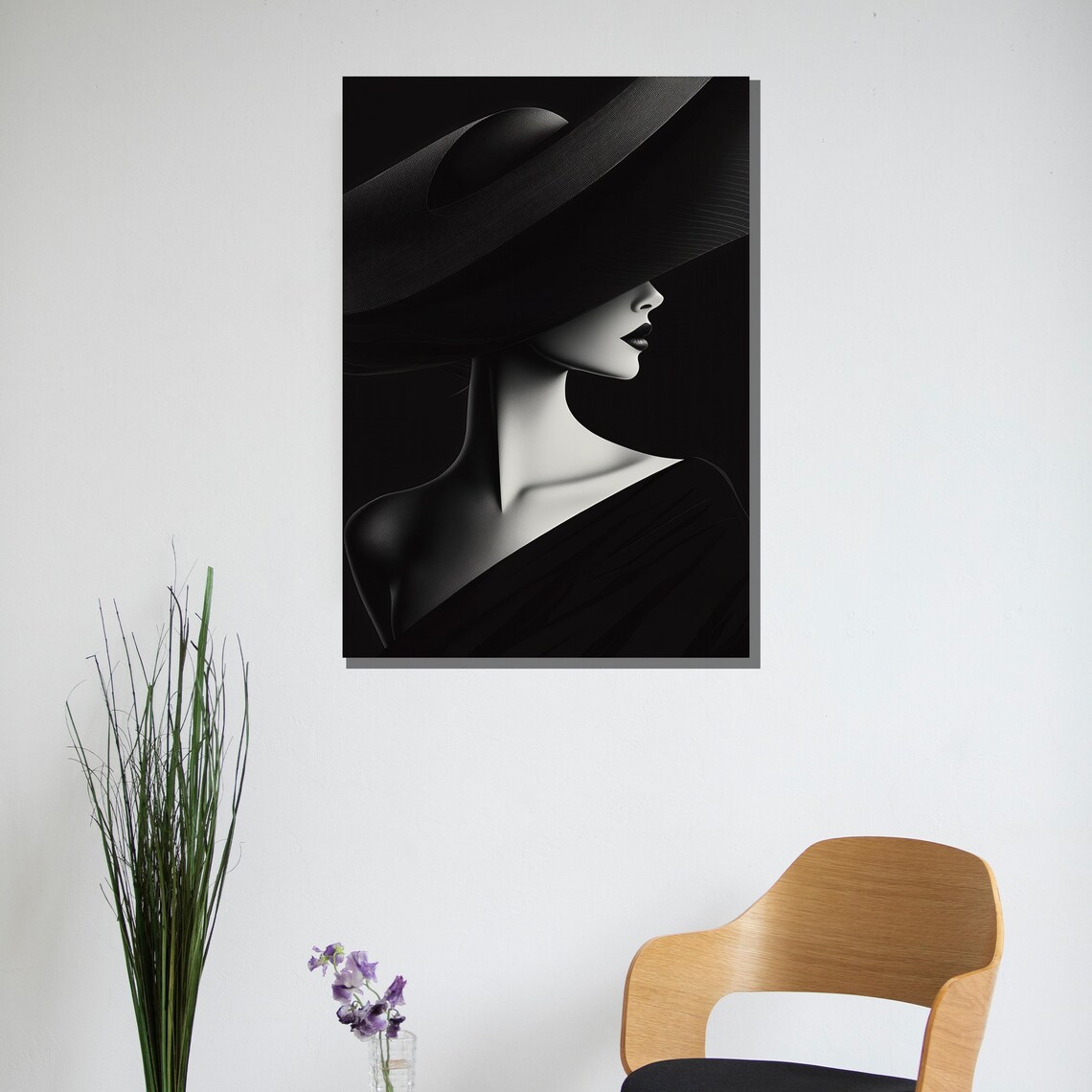 Minimalist Black White Woman Profile Under Wide Brim Hat Poster - Image 2