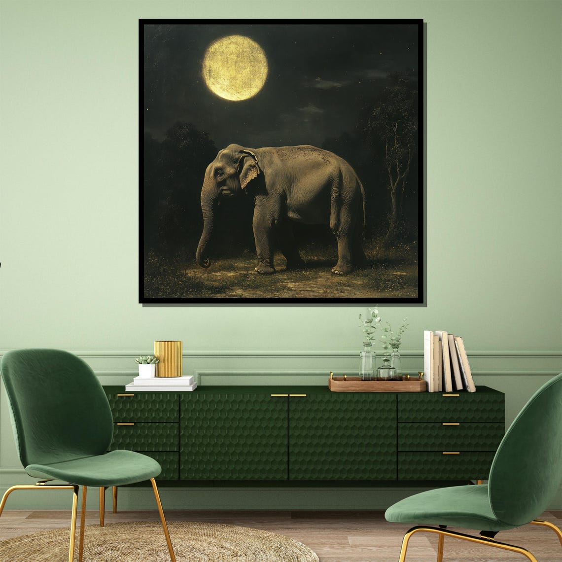 Elephant Under Golden Full Moon On Dark Savanna Night Poster - Image 4