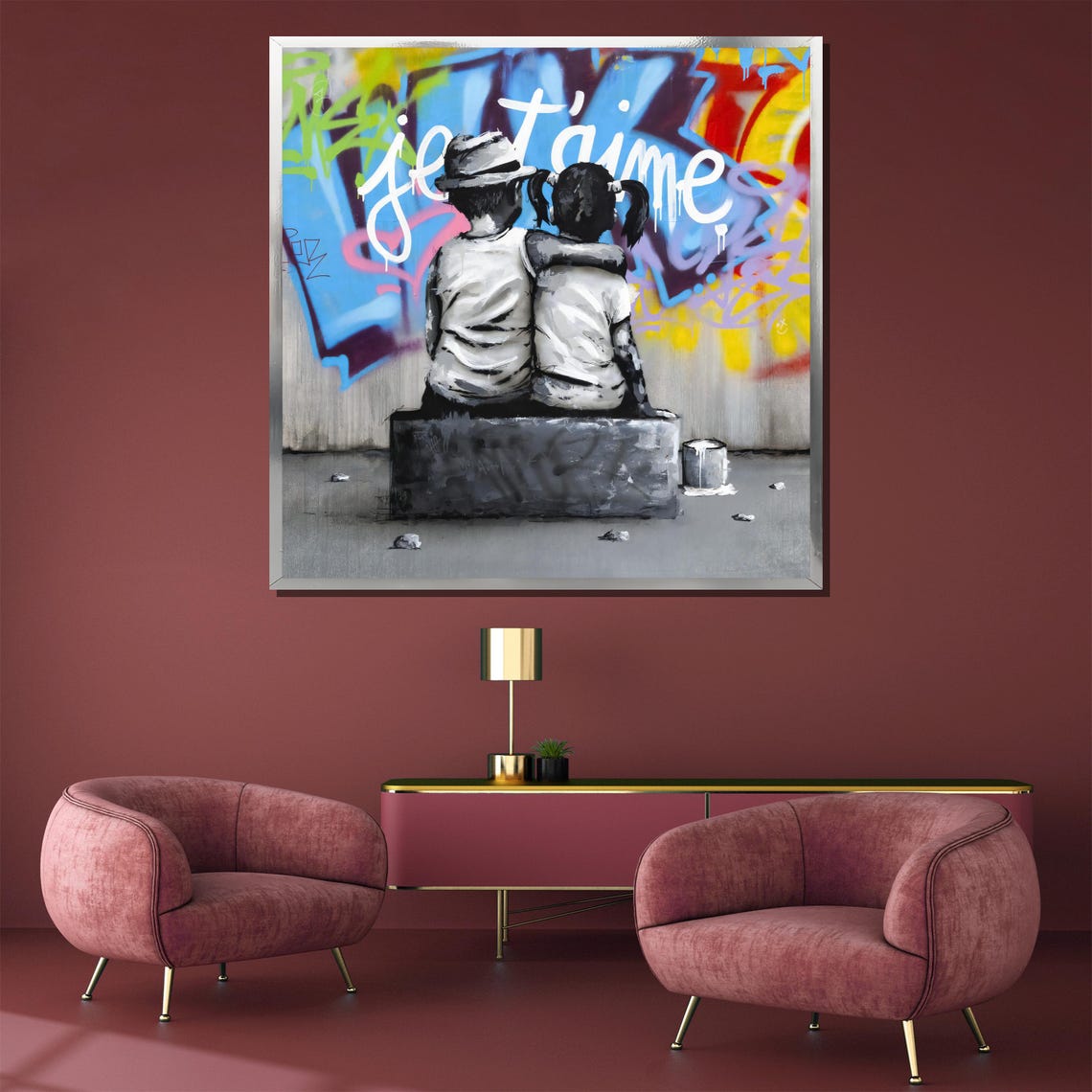 Kids Sitting Before a Je Taime Graffiti Wall Romantic Art Poster - Image 3