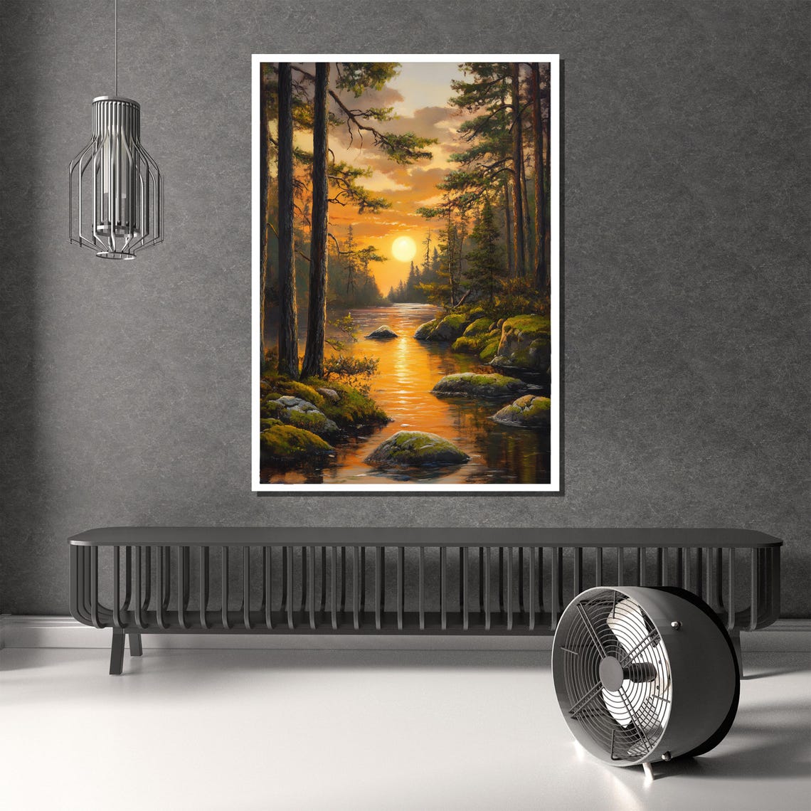 Stunning Golden Sunset Forest River Mossy Rocks Scene Poster - Image 2