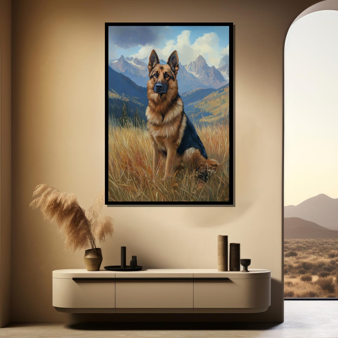 German Shepherd Sitting in a Wheat Field with Mountains Poster - Image 4