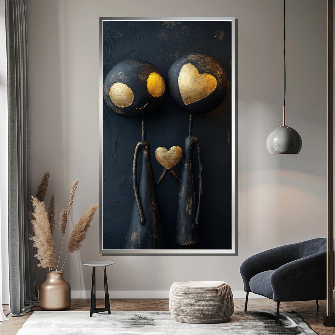 Black And Gold Heart Abstract Couple Figures Playful Art Poster - Image 4