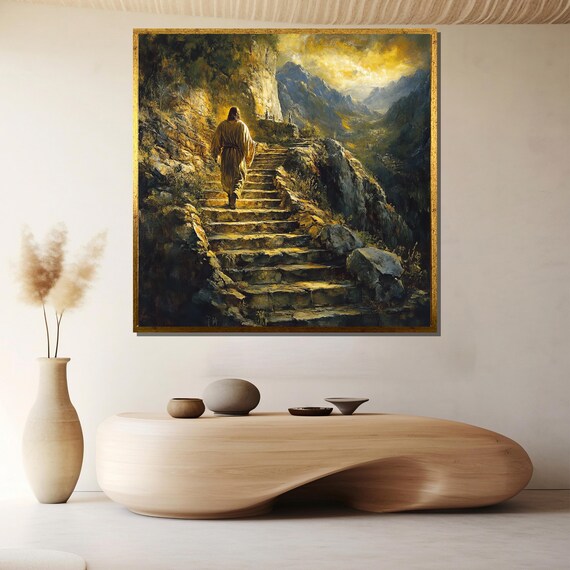 Jesus Walking Up Mountain Stairs Golden Biblical Landscape Poster