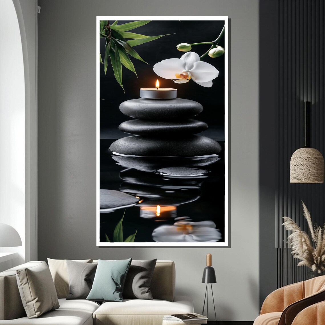 Black Zen Stones With Candle and White Orchid Calm Spa Poster - Image 2
