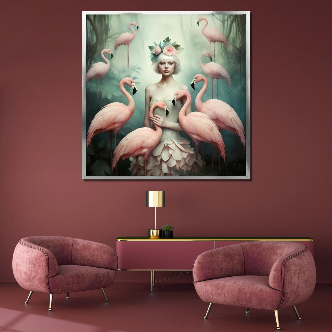 Whimsical Surreal Flamingo Woman Pink Birds Dream Art Poster - Image 4