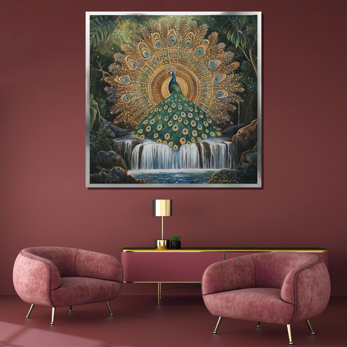 Golden Peacock Fanning Its Tail Over a Waterfall Jungle Poster - Image 3