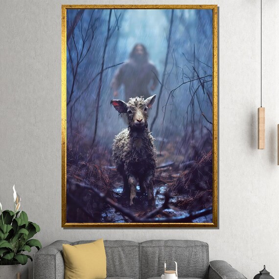 Lost Sheep in Rain Jesus Good Shepherd Christian Faith Wall Poster