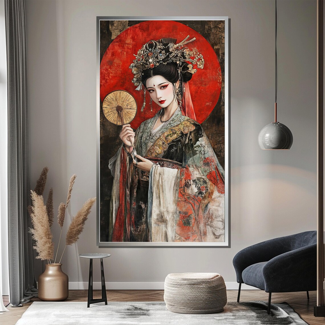 Elegant Geisha in Ornate Kimono Before Blazing Red Sun Art Poster - Image 3