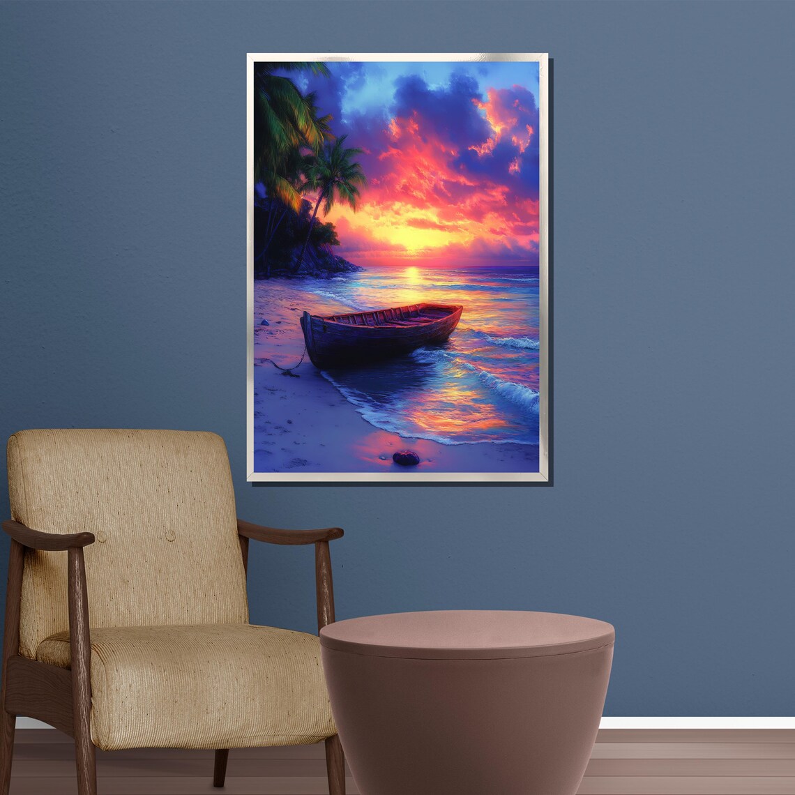Stunning Wooden Boat Tropical Sunset Vivid Purple Sky Poster - Image 3