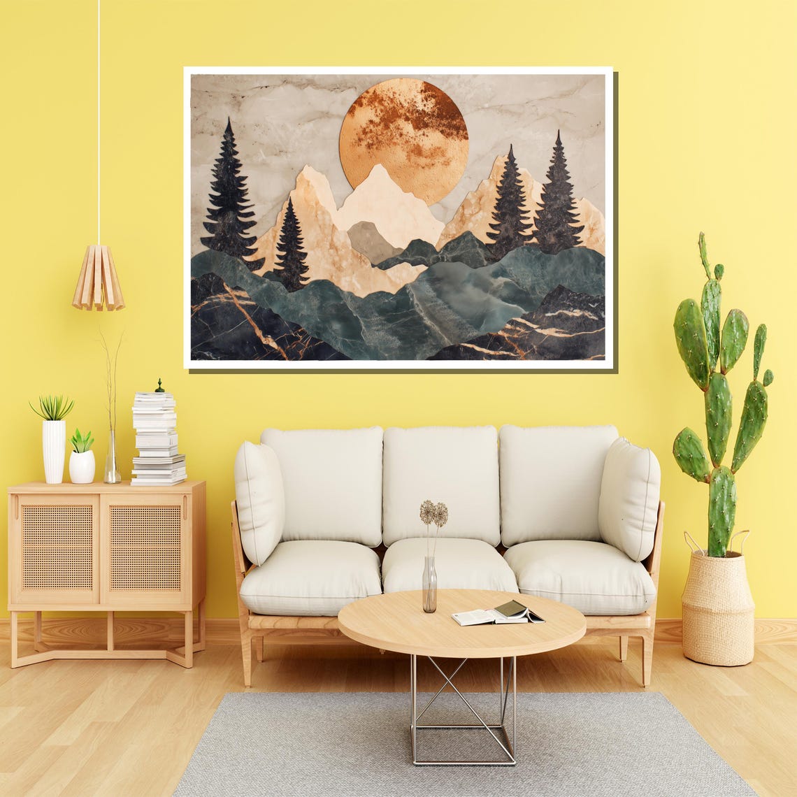 Golden Sun Over Marble Mountain Forest Abstract Landscape Poster - Image 2