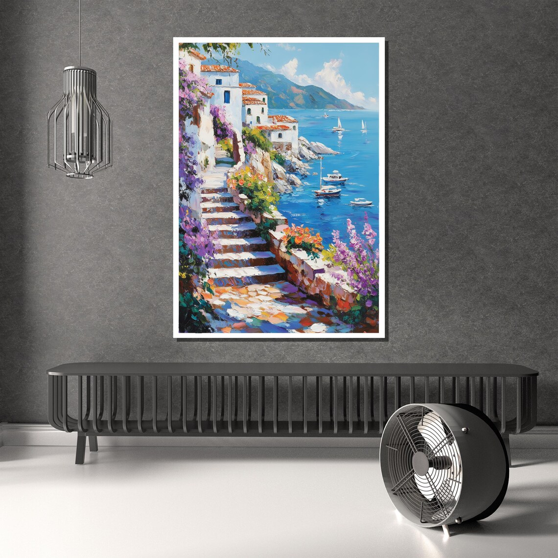 Mediterranean Coastal Village Steps Whitewashed Houses Poster - Image 2