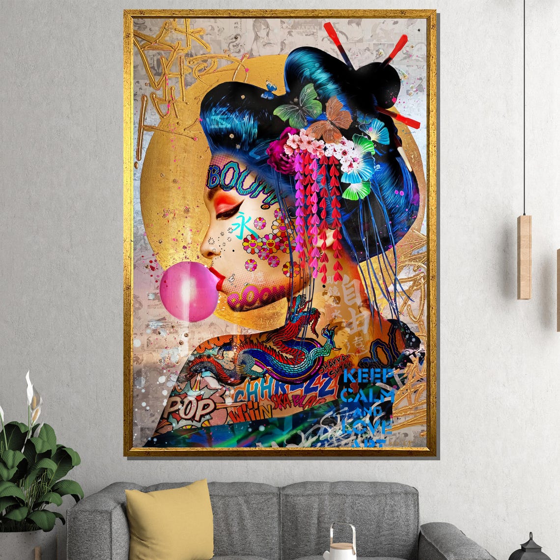 Geisha Pop Art Portrait with Pink Bubble Graffiti Art Poster