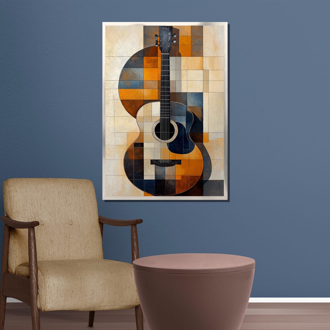 Modern Guitar Painting Abstract Acoustic Instrument Art Gift In Bold Geometric Patterns And Warm Tones - Image 3