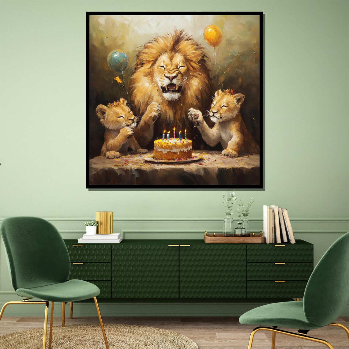 Lion Family Birthday Party Cake Balloons Cute Kids Room Poster - Image 4