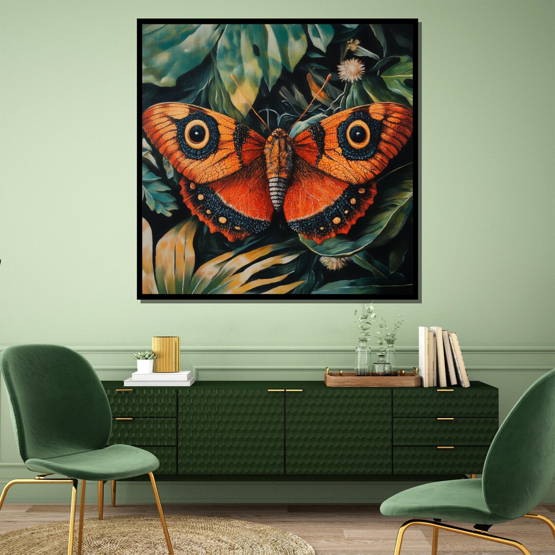 Orange Butterfly with Bold Eyespots Among Green Leaves Poster - Image 4