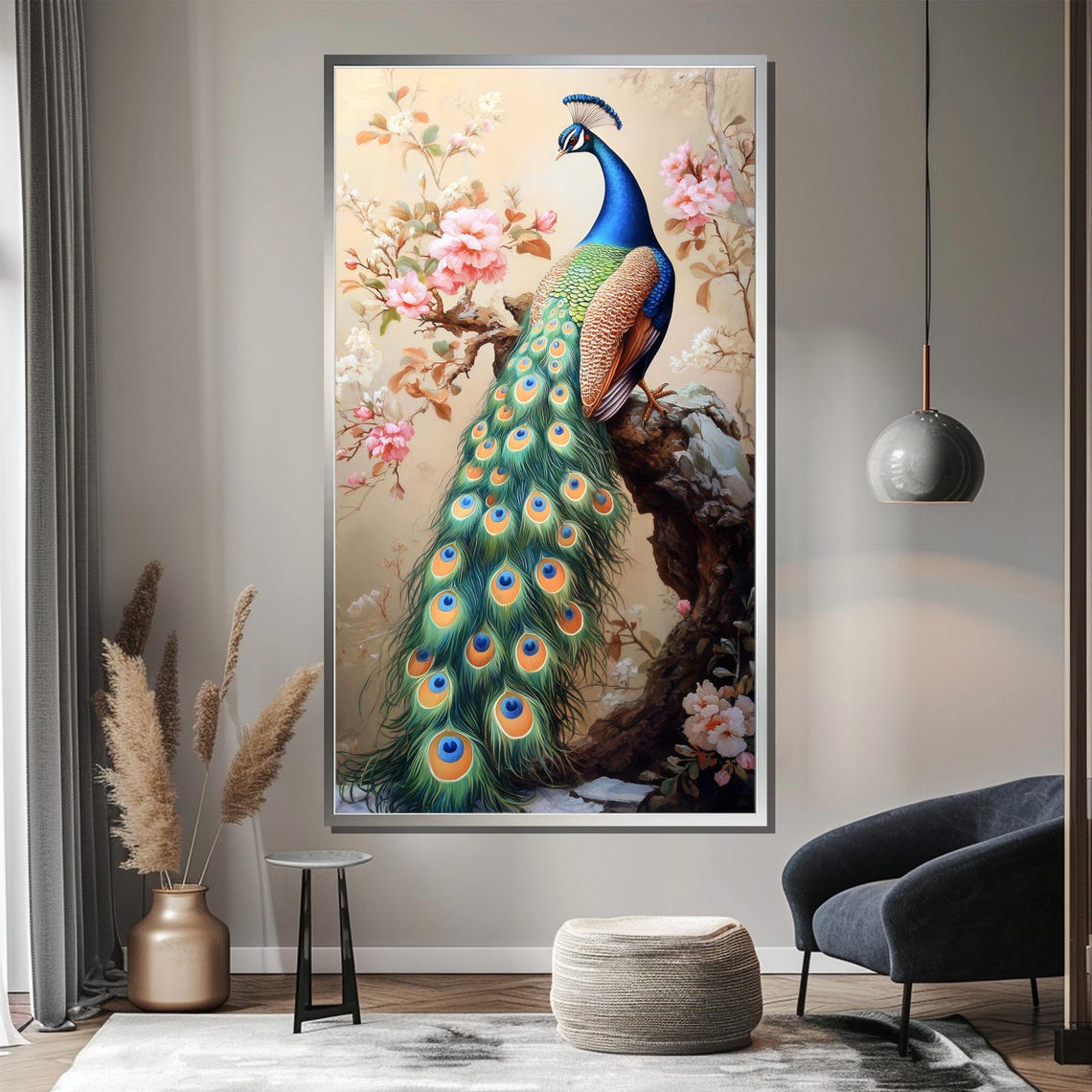 Elegant Peacock Perched On Rock Cherry Blossom Vertical Poster - Image 3