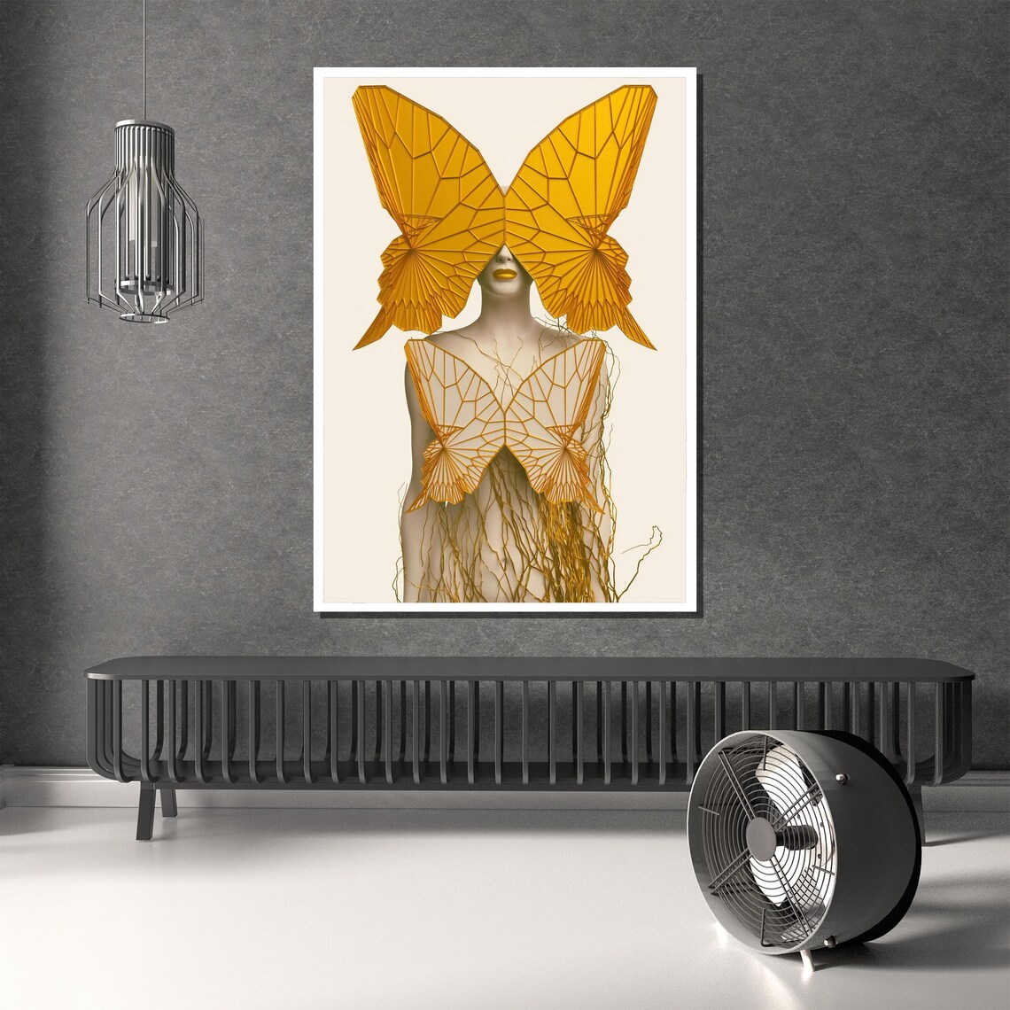 Golden Surreal Butterfly Woman With Geometric Amber Wings Poster - Image 3