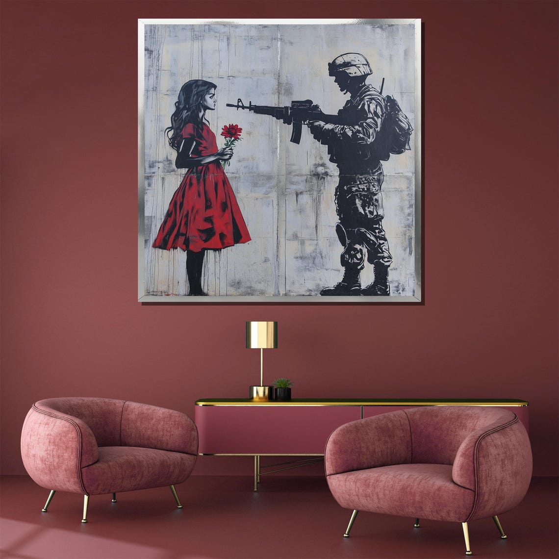 Soldier Aiming At A Girl In Red Dress Holding A Flower Poster - Image 3