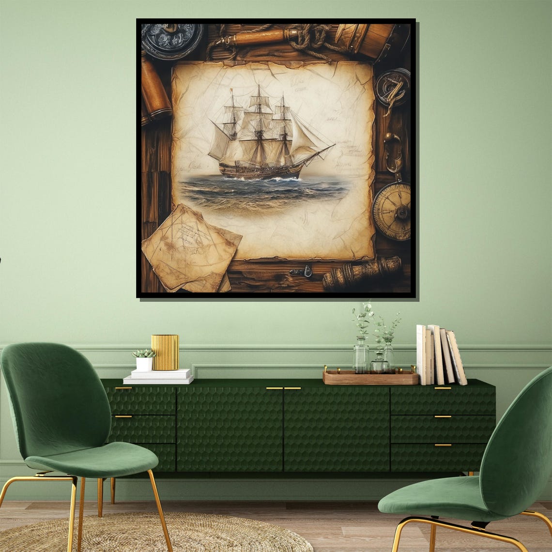 Vintage Tall Ship Parchment Map Telescope Compass Nautical Poster - Image 4