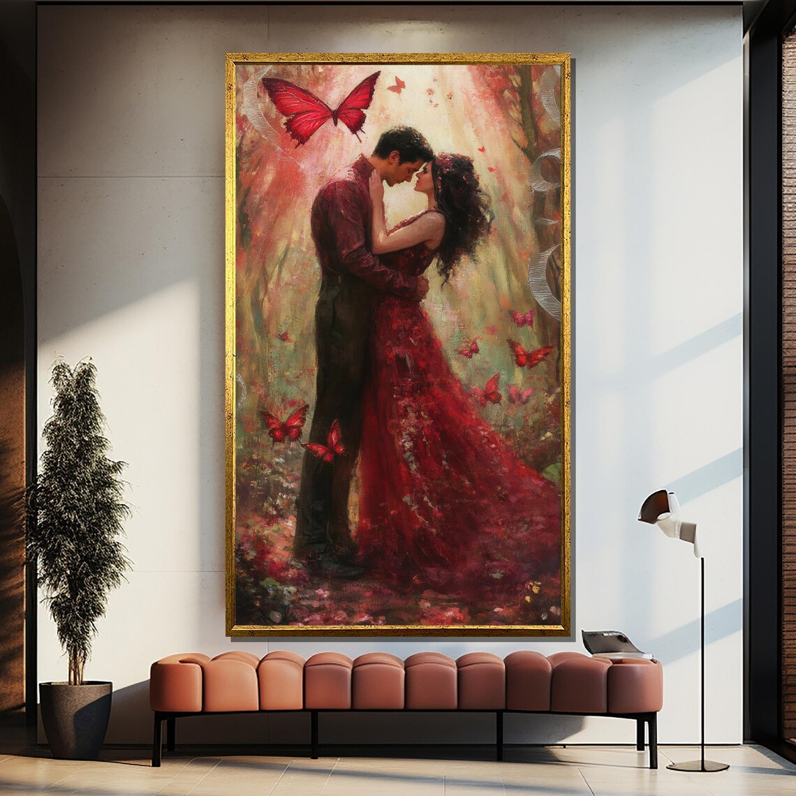 Romantic Kiss Couple in Red Dress Surrounded by Butterflies Poster