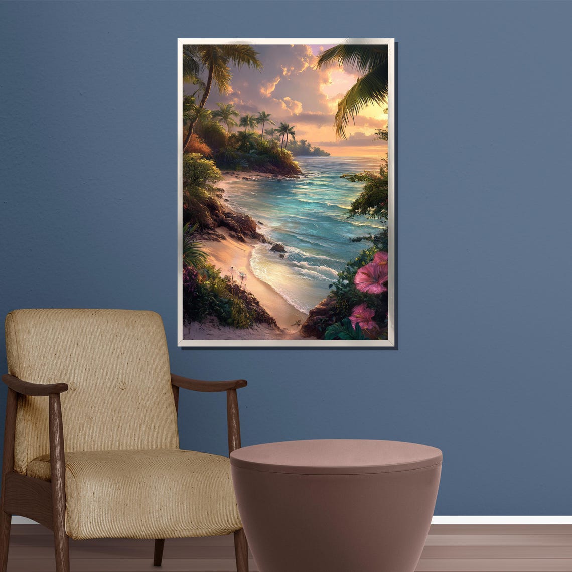 Tropical Beach Cove Sunset Palm Trees Hibiscus Ocean Waves Poster - Image 3