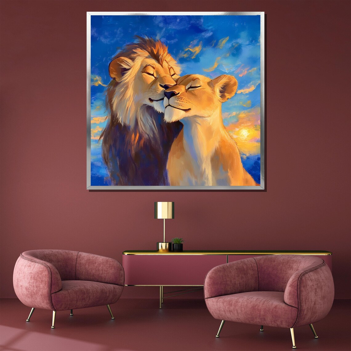 Romantic Lion Couple Nuzzling Beneath Sunset Wildlife Love Poster - Image 3