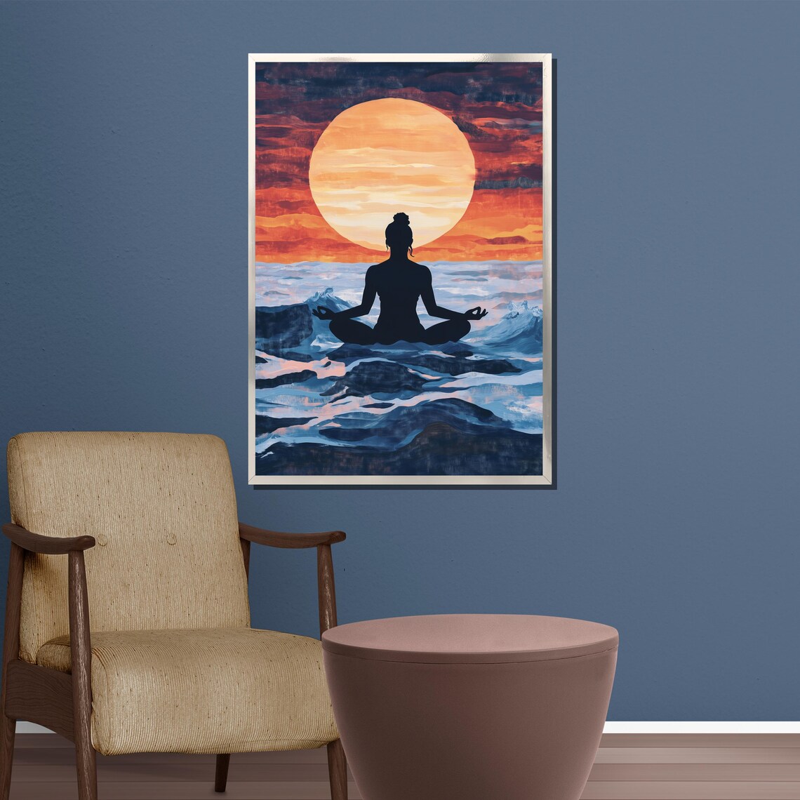 Sunset Meditation Silhouette Orange Sun Ocean Waves Wall Poster - Image 3
