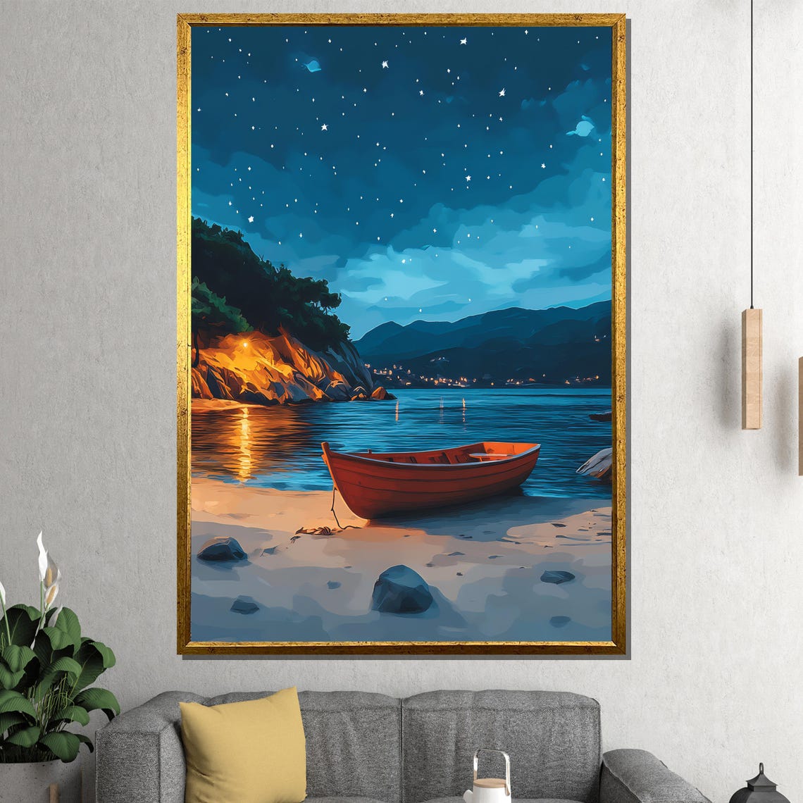 Starry Night Red Rowboat On Moonlit Beach Coastal Art Poster