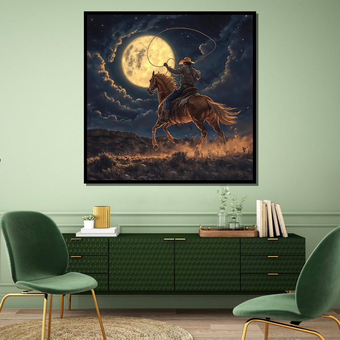 Midnight Lasso Cowboy Under Full Moon Night Horse Western Wall Poster - Image 5