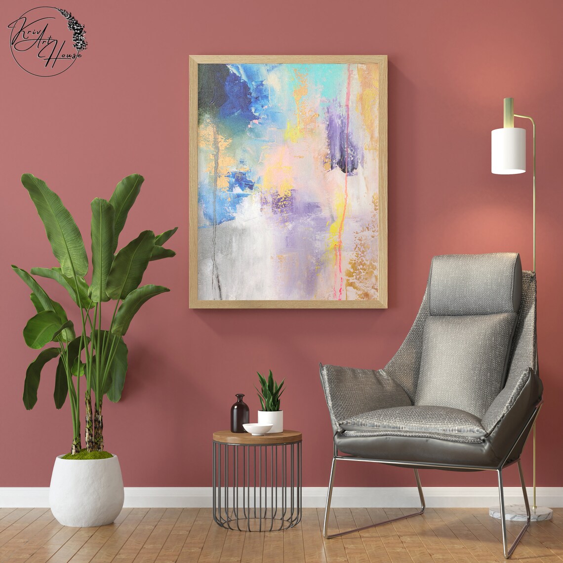 Soft Pastel Blue Pink Gold Purple Abstract Wash Art Wall Print - Image 2