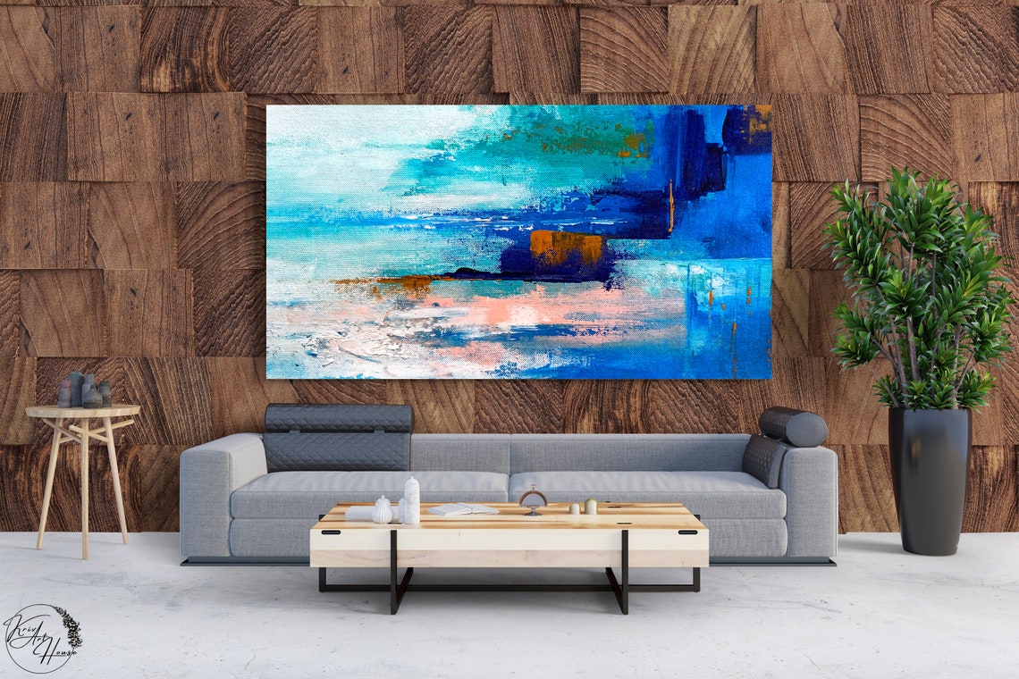 Bold Blue Blocks Teal Pink Gold Abstract Painting Modern Wall Poster - Image 2