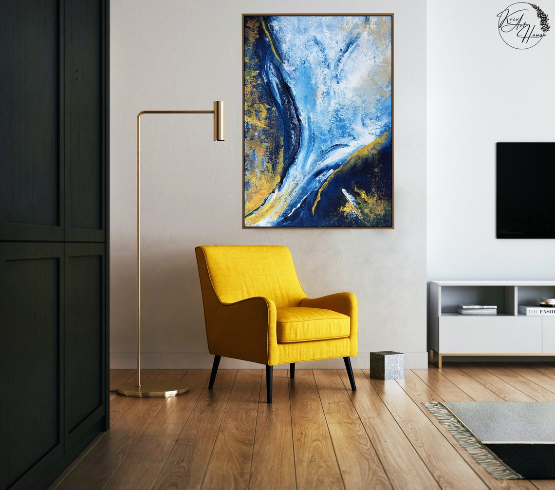 Gold and Blue Abstract Ocean Wave Seascape Modern Art Poster - Image 4